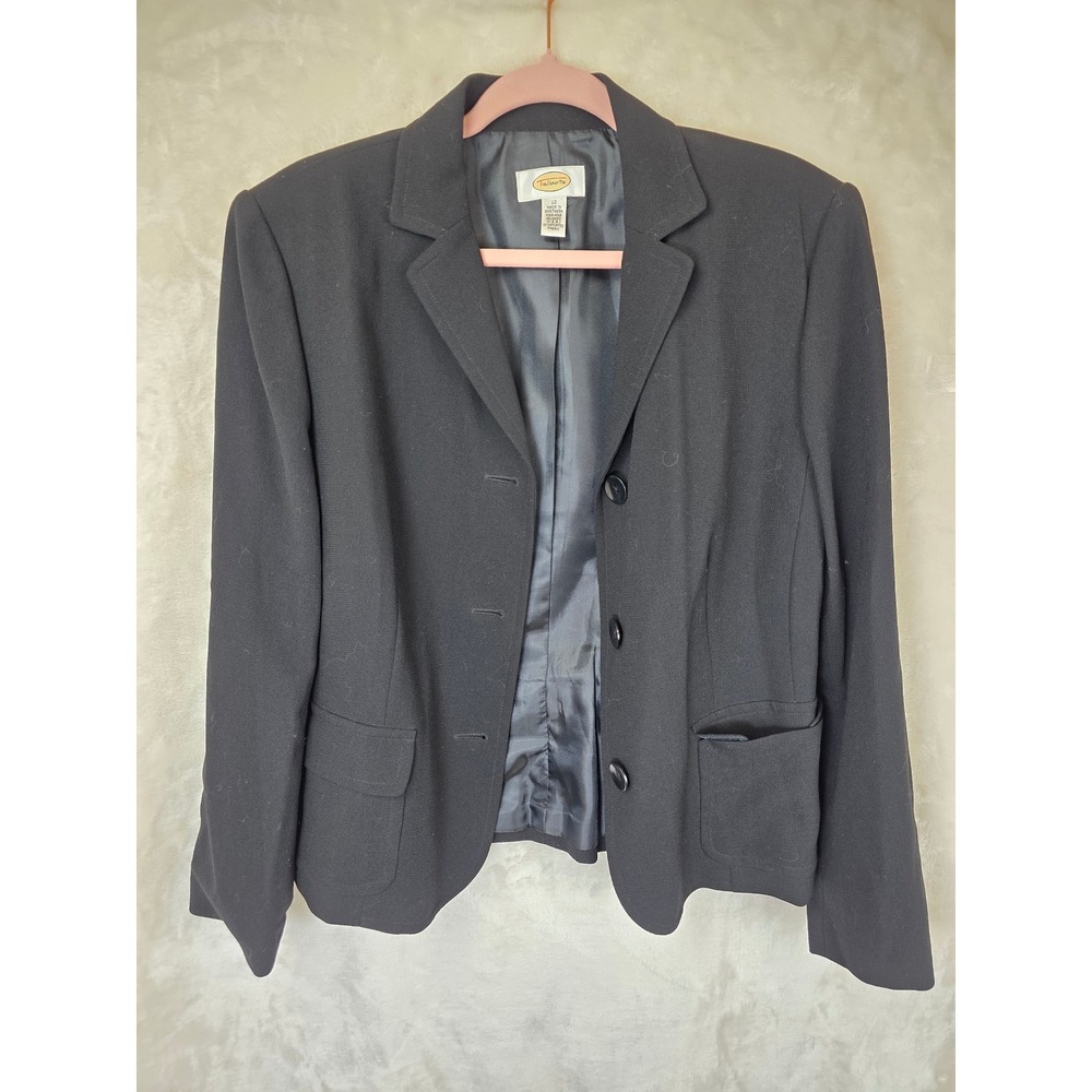 Talbots Womens Black 100% Wool Crepe 3-Button Blazer Jacket Size 12 Professional